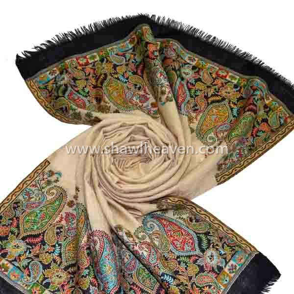 beige wool-cotton kani stole with kashmiri paisley border